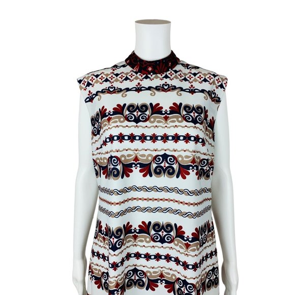 Vintage 1960s Striped Filigree Dress Maroon Navy Shift | B 41" - Picture 3 of 10